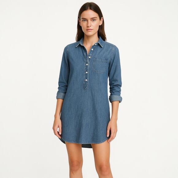 J.Crew Blue Long Sleeve Chambray Denim Jeans Button Front Mini Shirt Dress Sz 4 - Picture 1 of 4